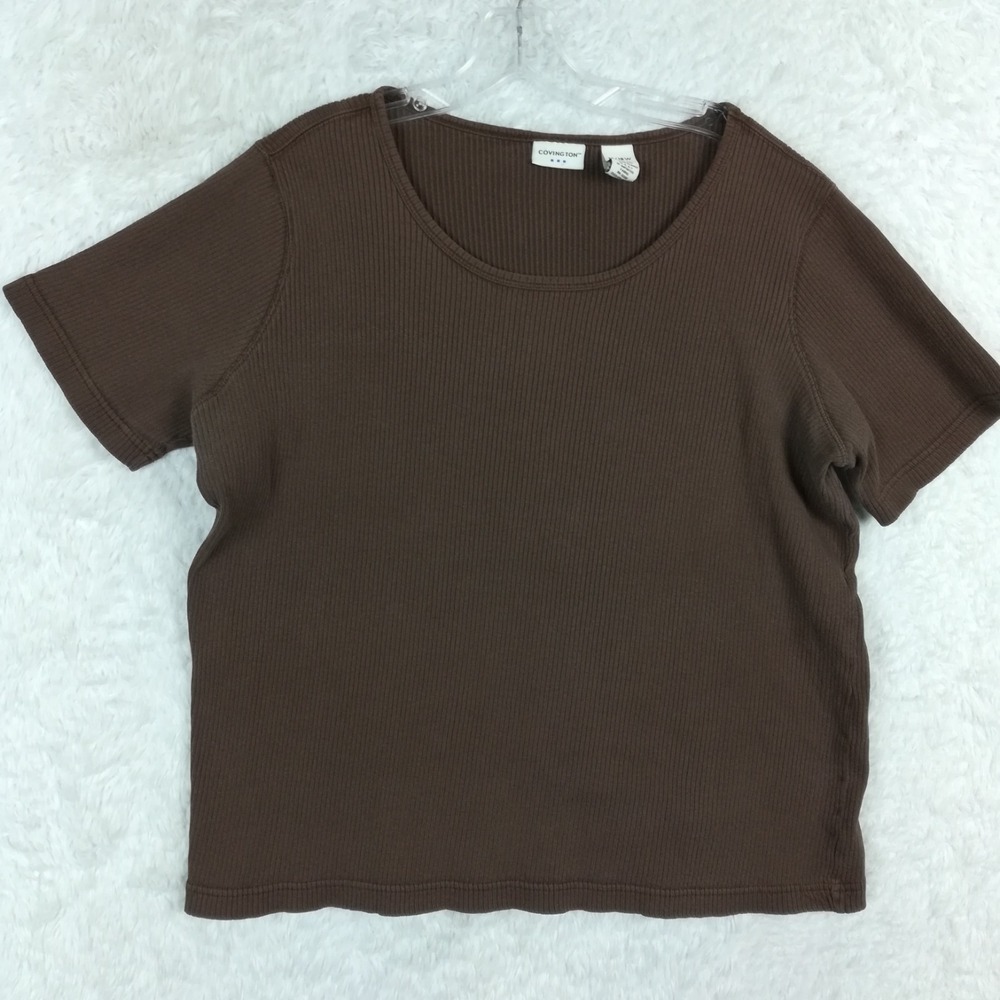 Covington Womens Top Tee Short Sleeve Ribbed Brown Round Neck Plus 16 18W